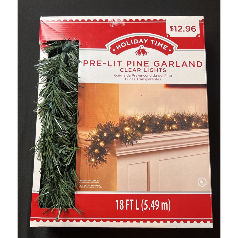 Holiday Time 18 Ft Pre-Lit Pine Christmas Garland 100 Clear Lights Tested Works
